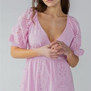 Sanctuary Ruffle Puff Sleeve Eyelet Maxi Dress Pink‎ Size 10 NWOT